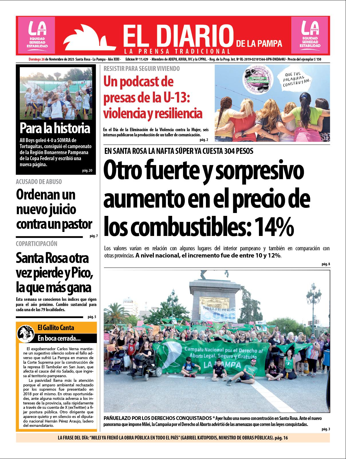 Tapa de El Diario en papel  domingo 26 de noviembre de 2023